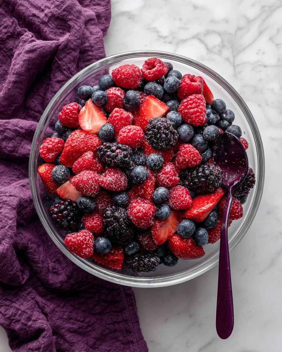 A clear glass bowl filled with a mix of fresh berries including bright red raspberries, deep blue blueberries, blackberries, and small pieces of red strawberries creating a full, colorful mix. The berries are topped with a light dusting of white powder, adding light texture. Inside the bowl is a dark purple spoon resting among the fruit, positioned toward the right side. The bowl sits on a white marbled surface with a wrinkled purple cloth on the left edge. The scene is brightly lit with soft natural light. photo taken with an iphone --ar 4:5 --v 7
