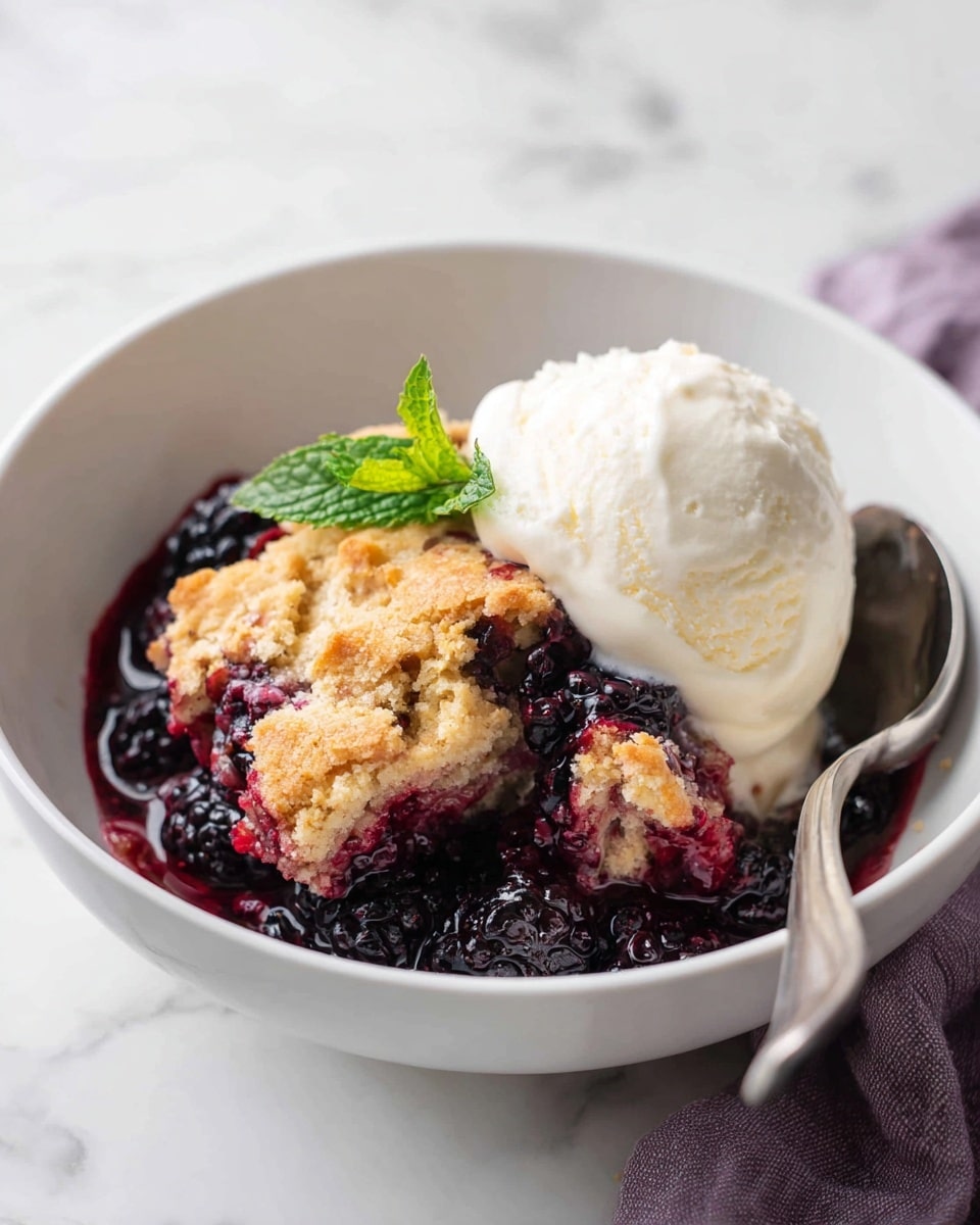 A white bowl on a white marbled surface holds a three-layer dessert. The bottom layer is thick, dark purple blackberries. On top is a golden brown biscuit crust with a slightly rough texture, showing some purple from the berry juice mixed in. The top right side has a scoop of creamy white vanilla ice cream. A small green mint leaf rests on the biscuit near the center. A silver spoon is placed inside the bowl on the right, and part of a purple cloth is visible on the right side of the image. Photo taken with an iphone --ar 4:5 --v 7