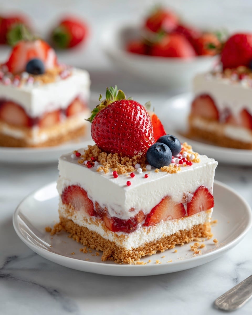 A rectangular glass dish filled with a layered dessert, topped with a thick layer of smooth white cream that has gentle swirls on its surface. On top, there are three whole strawberries spaced evenly down the center, each surrounded by scattered blueberries and small red, white, and blue star-shaped sprinkles. A section in the bottom left corner has been removed, revealing a light brown crumbly base layer beneath the cream, with bits of strawberries inside. The dish sits on a white marbled surface with a few graham crackers to the left and some strawberries and a white plate with a piece of the dessert on the top right. A knife with some cream residue lies to the bottom left side. Photo taken with an iphone --ar 4:5 --v 7