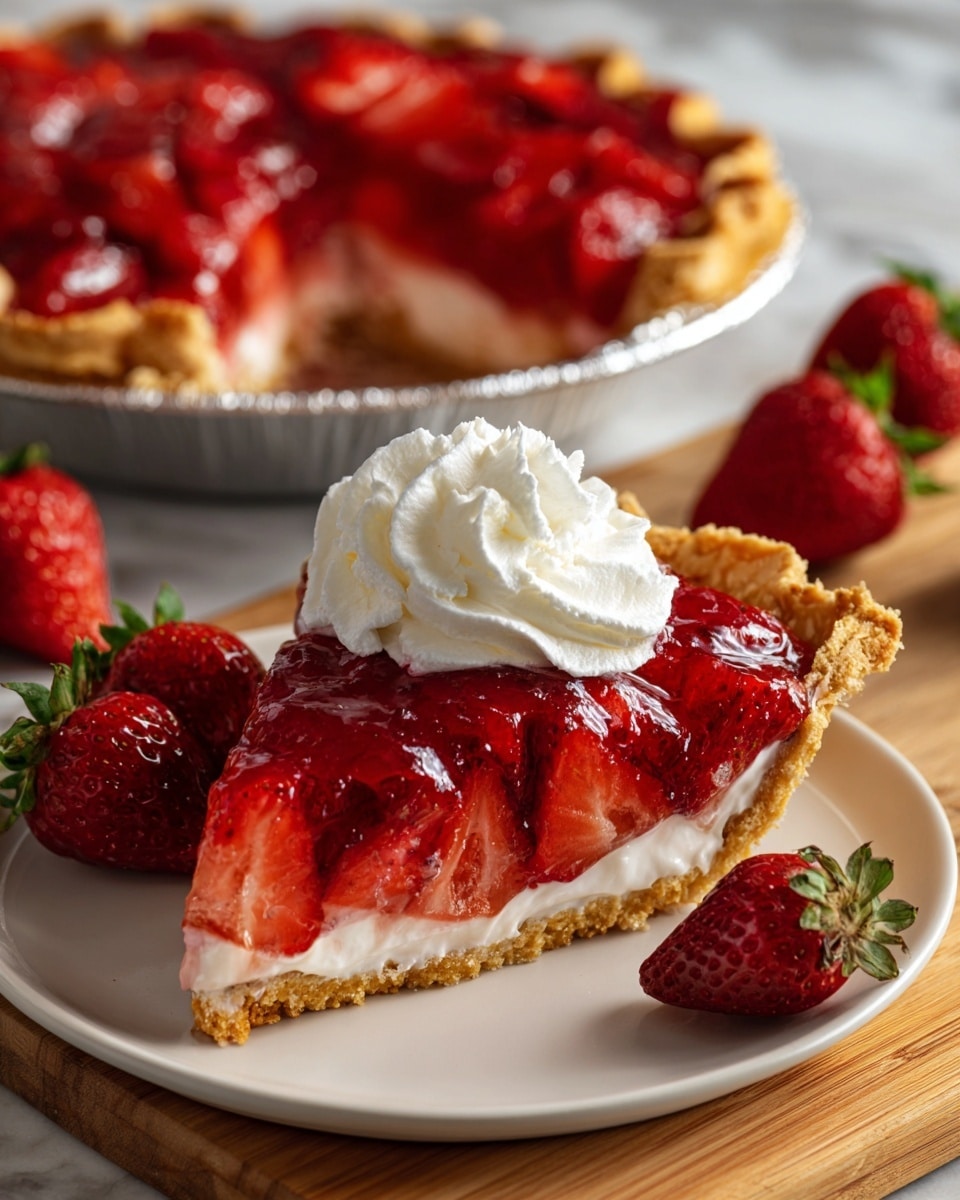 A slice of strawberry pie on a white plate shows three layers: a golden crust base, a thick layer of bright red strawberry filling with sliced strawberries, and a generous swirl of white whipped cream on top; the background features the rest of the pie filled with glossy red strawberries in a golden crust, and three fresh red strawberries sit next to the plate on a wooden surface with a white marbled texture behind. photo taken with an iphone --ar 4:5 --v 7