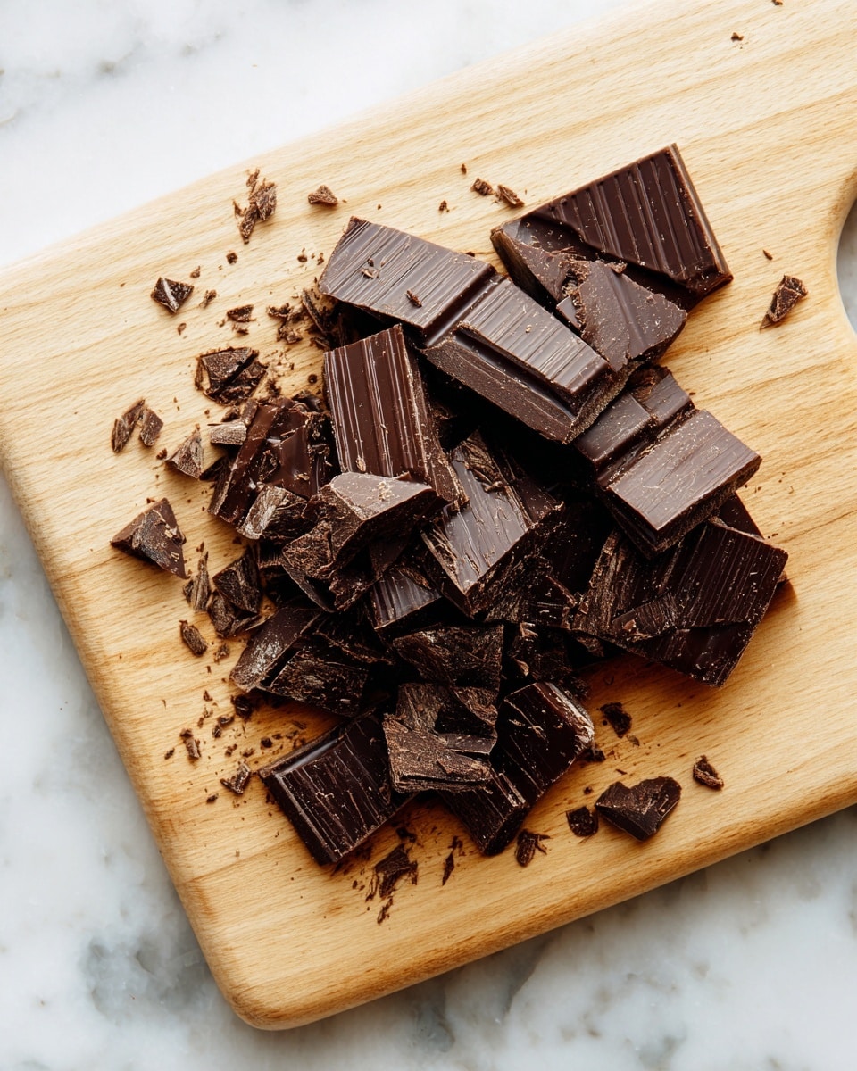 The image shows pieces of dark chocolate on a light wood cutting board, divided into larger chunks and smaller uneven pieces. The chocolate is dark brown with a slightly shiny surface and visible lines from the chocolate mold. The board is placed on a white marbled surface, and the image is bright with soft shadows on the chocolate. photo taken with an iphone --ar 4:5 --v 7