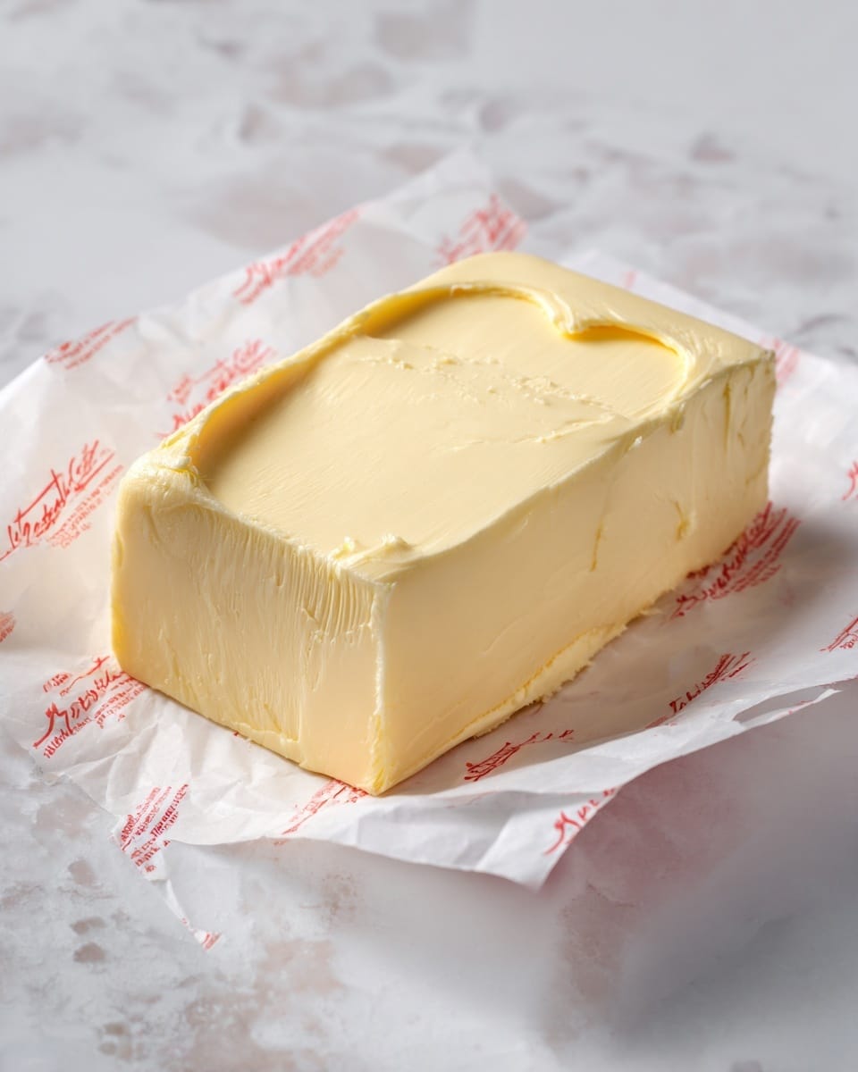 The image shows a close-up of a rectangular block of butter with a smooth, light yellow texture. The butter has a small round scoop taken out from the top center, creating a shallow, curved indentation. The block rests on white paper with red printed text and lines that are slightly blurred. The background and surface underneath have a white marbled texture, giving a clean, bright look. Photo taken with an iphone --ar 4:5 --v 7