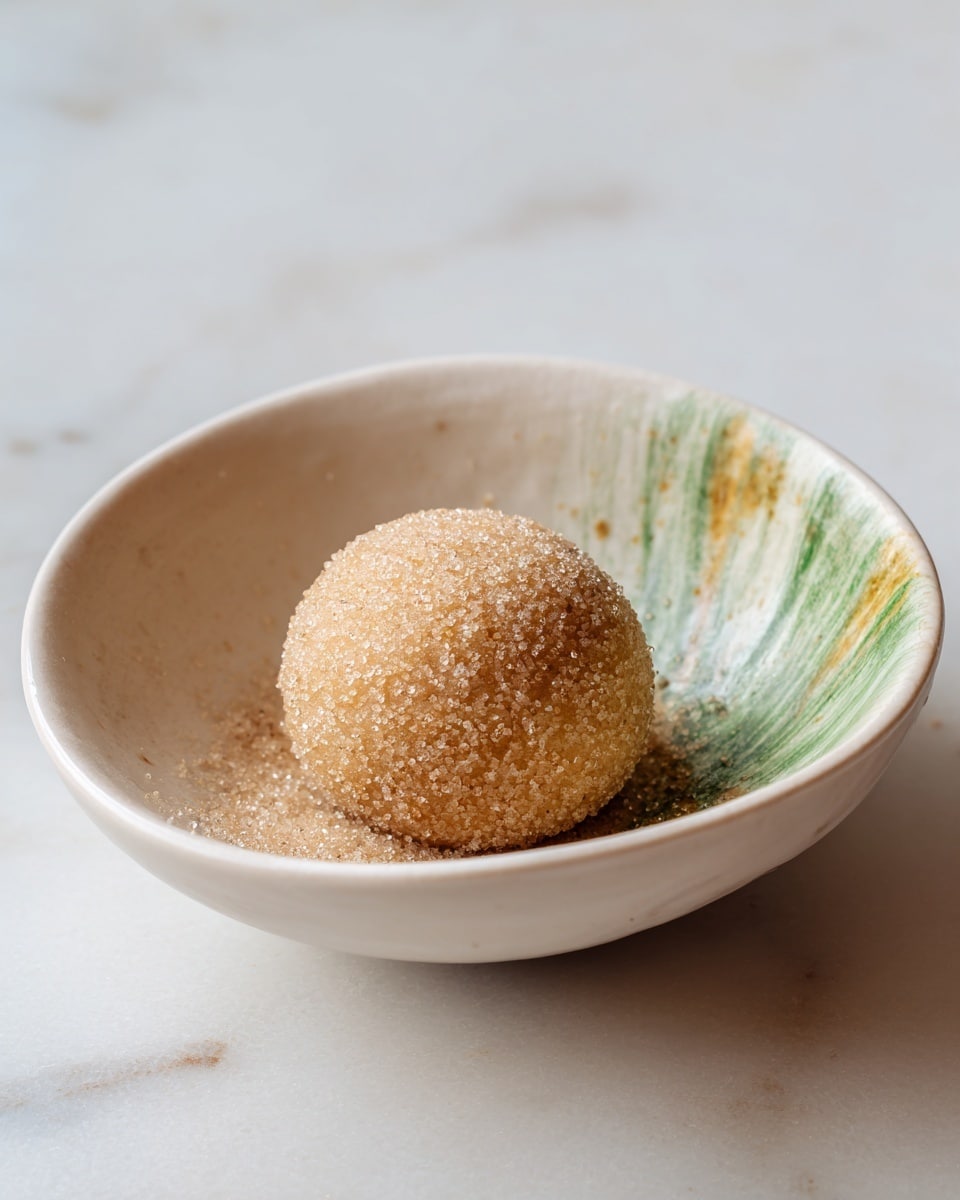 A single round dough ball covered in fine granules of sugar sits in the center of a white bowl with a curved edge and subtle green and yellow speckles. The dough ball is light brown, textured with small indentations and an uneven surface, giving it a homemade look. The sugar coating sparkles, contrasting against the soft, warm tone of the dough. The bowl rests on a white marbled surface, with soft natural lighting enhancing the sugar crystals' texture. Photo taken with an iphone --ar 4:5 --v 7