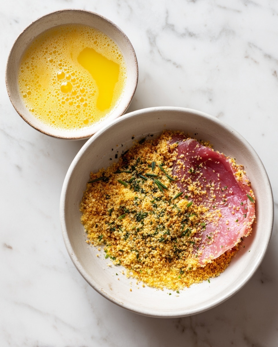 A bowl with a single layer of golden brown breadcrumb mix with small green herb bits spread at the bottom, a pink raw piece of meat with a slightly wet texture is placed over the crumbs on the right side, and above this a partial view of a white bowl containing yellow mixed beaten eggs with some bubbles is visible, both bowls are set on a white marbled surface photo taken with an iphone --ar 4:5 --v 7
