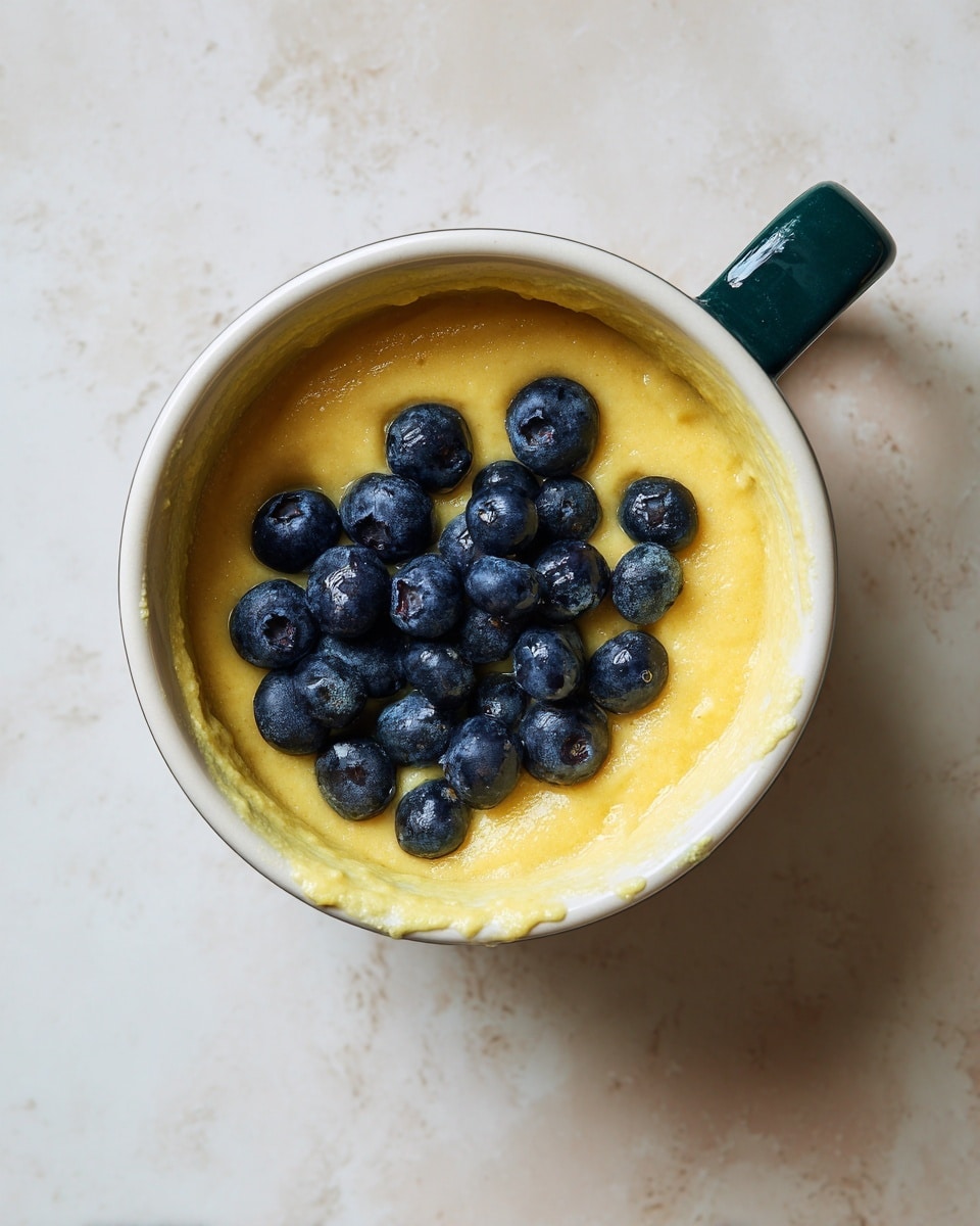 A white bowl with a dark green handle sits on a white marbled surface, filled with yellow batter that has a thick, smooth texture. On top of the batter, there is a single layer of fresh blueberries scattered unevenly, their deep blue color contrasting with the batter's warm yellow. The bowl is centered in the image with a top-down view, showing some batter residue on the sides inside the bowl. photo taken with an iphone --ar 4:5 --v 7