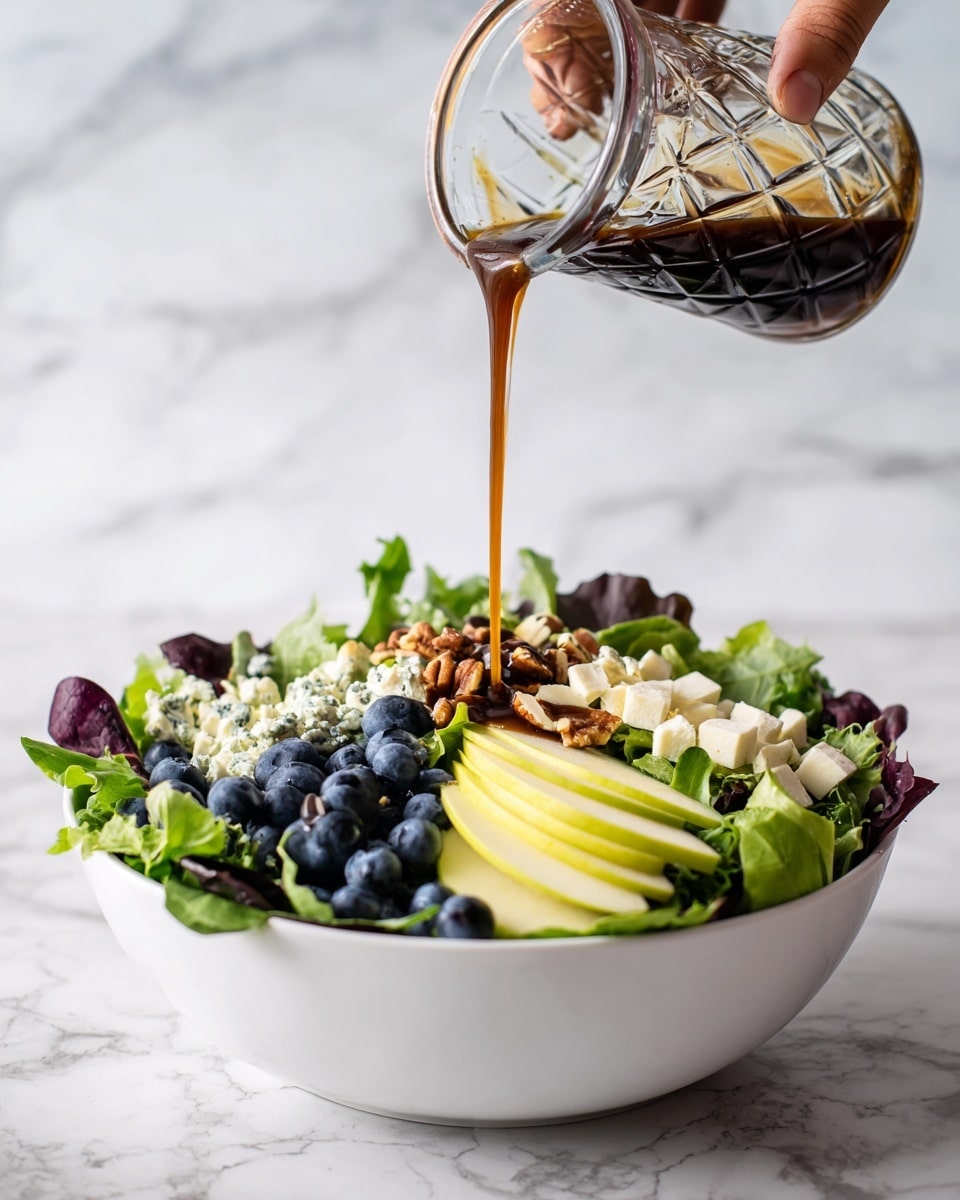A small glass jar filled with dark brown liquid, smooth in texture and reflecting light slightly. The jar has decorative vertical ridges and a clear, wide open top. In the blurry background, there is a white plate with green leafy salad topped with small brown and red bits, resting on a rustic wooden surface. The overall setting includes a soft beige and white cloth with folds, laying on a white marbled texture. photo taken with an iphone --ar 4:5 --v 7