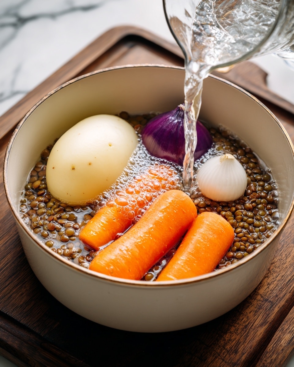 A white pan filled with small brown lentils as the base layer, topped with two whole peeled bright orange carrots laid horizontally near the back. In front, a smooth, pale yellow peeled potato on the left and a whole purple onion with white at the top on the right. Clear water is being poured into the pan, creating bubbles on the surface of the water around the vegetables. The pan is placed on a dark wooden board with a white marbled surface visible in the background. Photo taken with an iphone --ar 4:5 --v 7