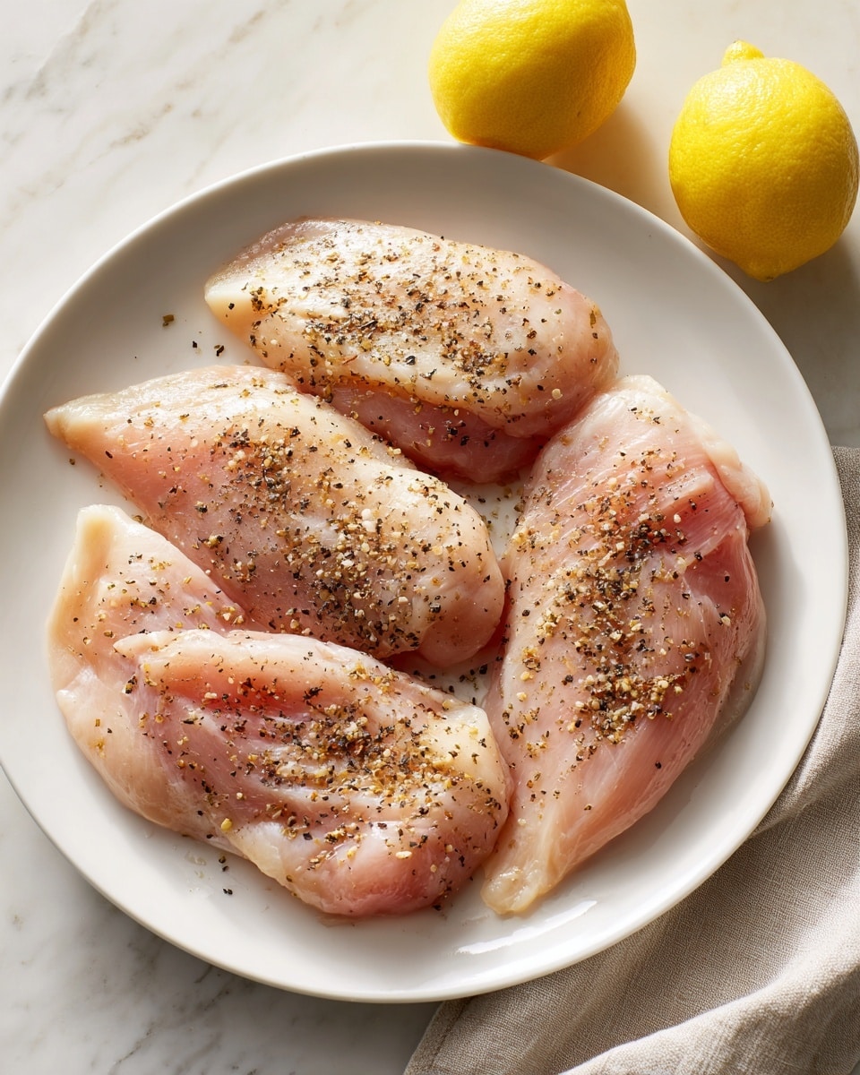 A white plate holds four raw, light pink chicken fillets spread out evenly, each one sprinkled with black pepper and some brown spices creating a light, textured layer on the surface. The chicken pieces have a moist, shiny look with natural curves and uneven edges. The plate rests on a white marbled surface, and there are two whole bright yellow lemons placed on a light beige cloth in the top right corner. The lighting is soft and natural. photo taken with an iphone --ar 4:5 --v 7