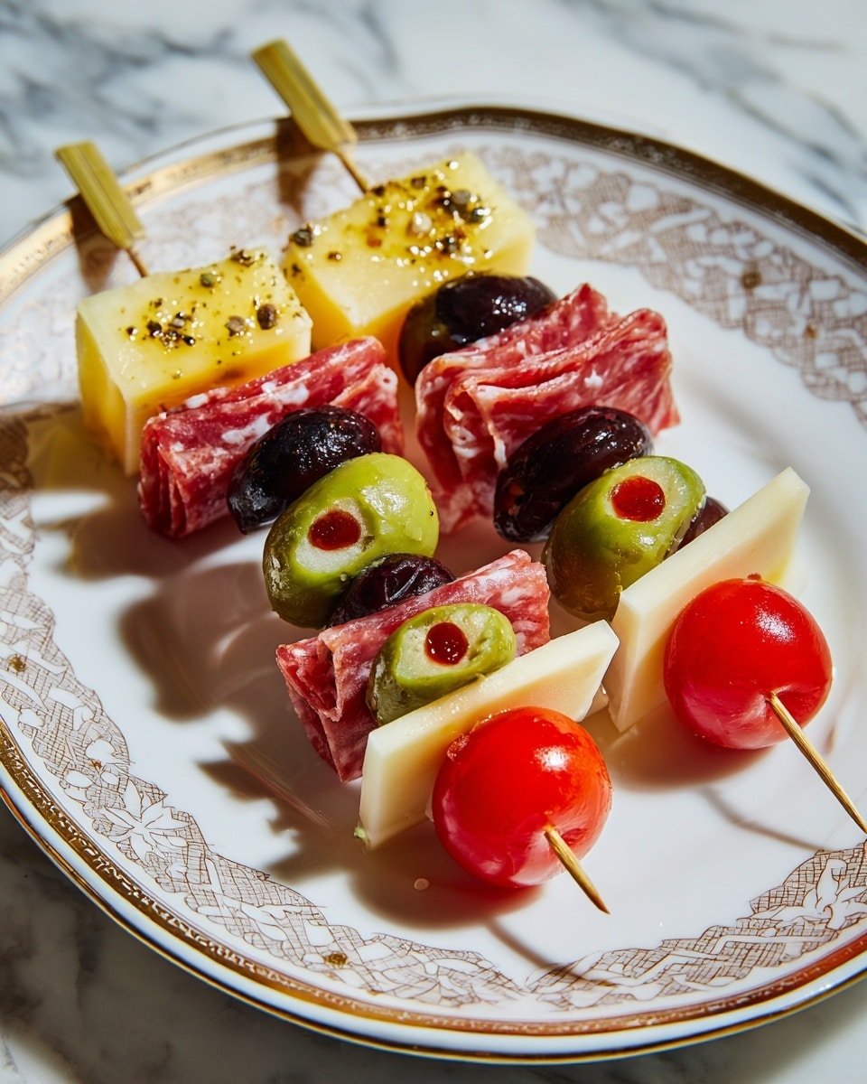 There is a white ornate plate with 10 small skewers arranged in two rows. Each skewer has four layers from top to bottom: a light beige grilled scallop, folded pink deli meat, a white soft cheese slice, and either a green olive or a red cherry tomato. The green olives have red pimentos inside. The plate is placed on a white marbled surface with a soft pink cloth on the lower left and small white bowls with red cherry tomatoes and green olives near the top and right sides. The photo is taken with an iphone --ar 4:5 --v 7