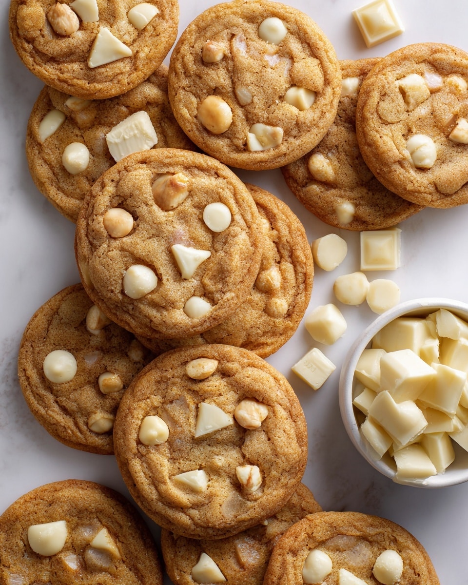A close-up view of a stack of four cookies, with rough brown edges and a slightly soft texture. The top two cookies are broken to show creamy white chunks inside mixed with a light brown dough. Whole light beige nuts are scattered on top and around the base. In the background, blurred white jars with lids sit against a soft pink wall, all on a white marbled surface. photo taken with an iphone --ar 4:5 --v 7