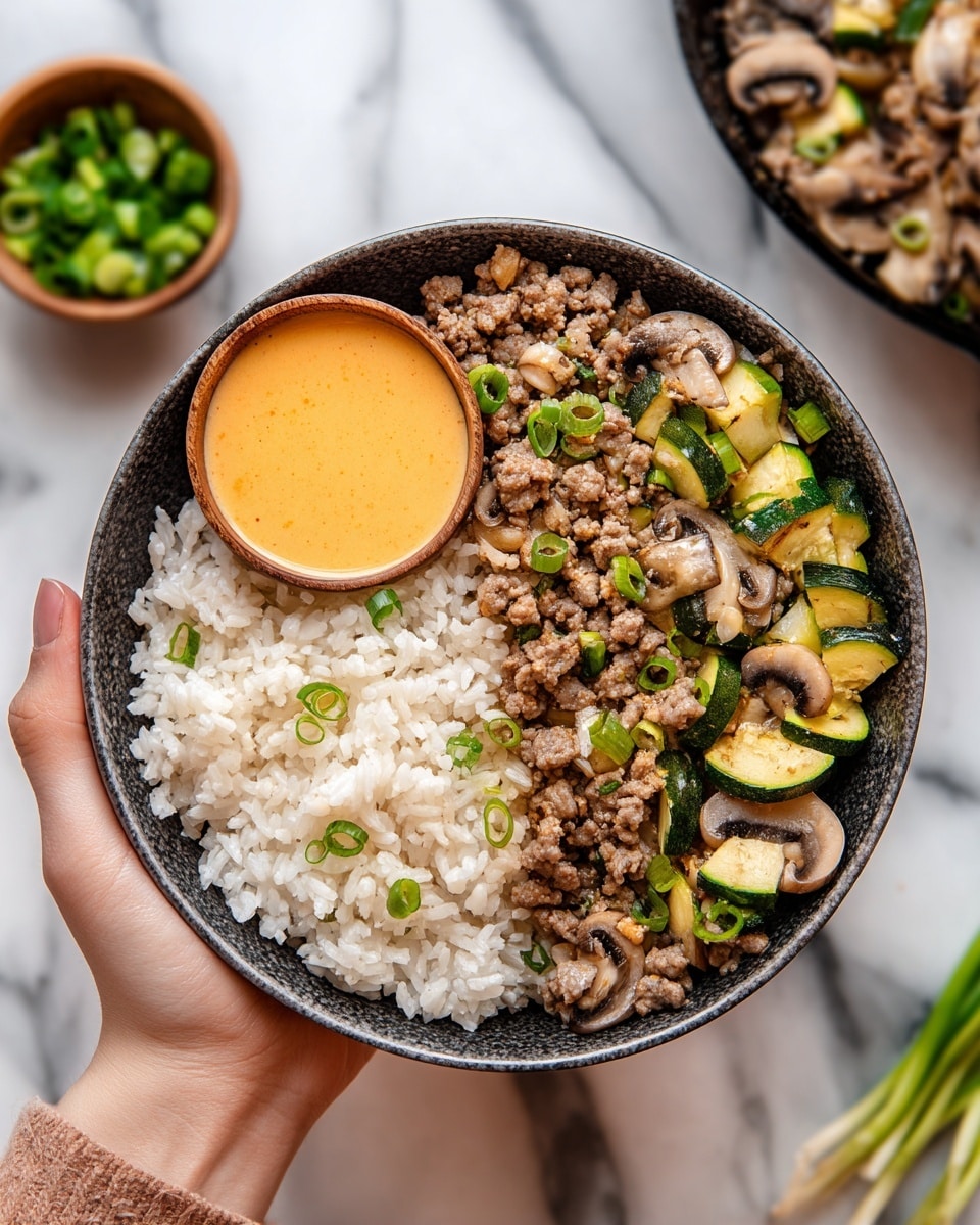 A bowl with three sections: the left side is filled with white cooked rice, the right side contains cooked ground meat mixed with green zucchini chunks and sliced mushrooms, topped with chopped green onions. In the top left corner inside the bowl is a small wooden bowl filled with an orange creamy sauce. The bowl is held by a woman's hand over a white marbled surface, with a pan of the same meat and zucchini mix and a small bowl of green onions visible in the blurry background. Photo taken with an iphone --ar 4:5 --v 7
