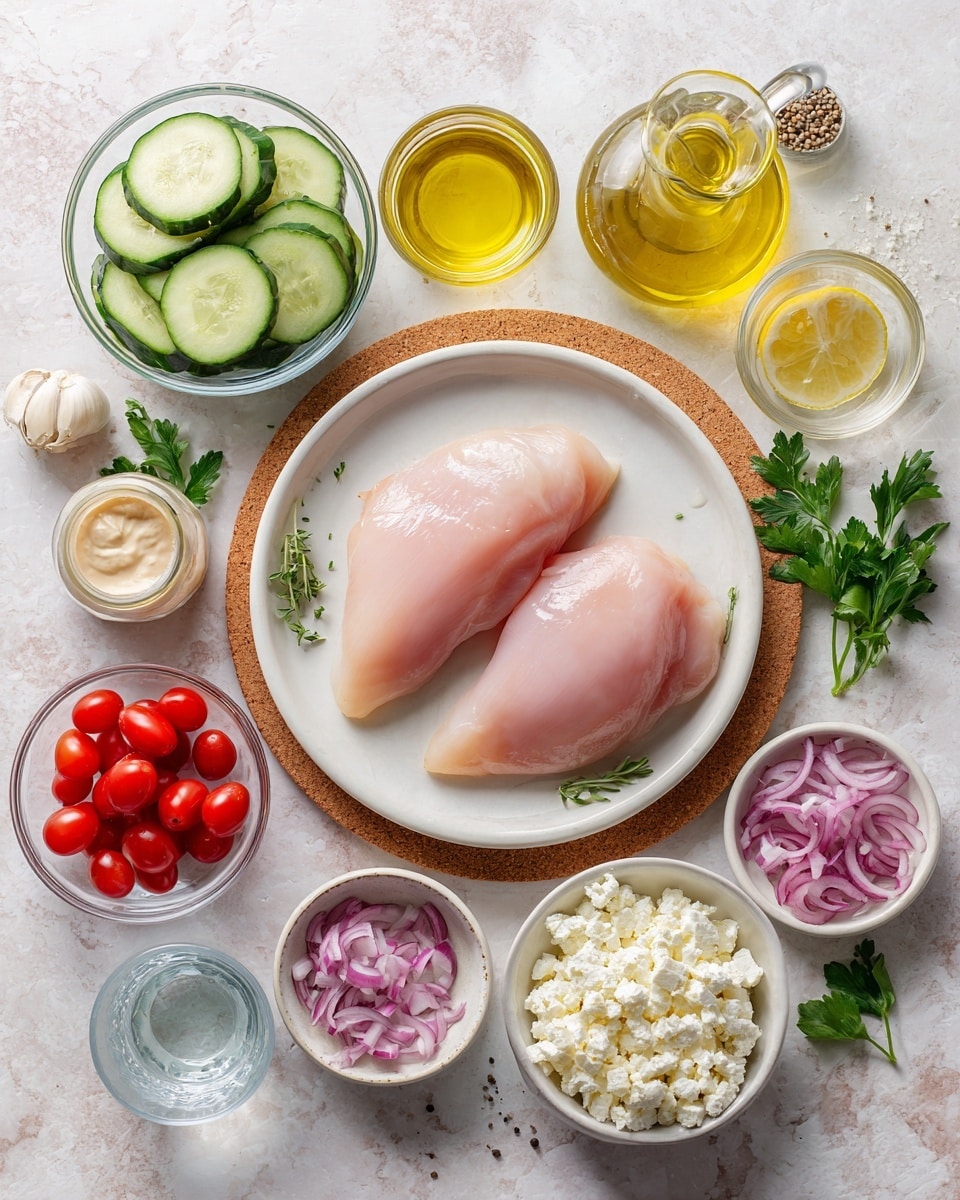 The image shows two pieces of light pink raw chicken on a white plate in the center, placed on a round cork mat. Around the plate are several small bowls and glasses on a white marbled surface. On the top left, slices of green cucumber with pale centers sit in a clear glass bowl. Next to it, a small glass jug contains golden olive oil, and beside it is another jug with pale yellow lemon juice. A small jar with beige tahini is also on a cork mat near fresh green parsley in a glass. Below are a bowl of small red cherry tomatoes, a white bowl filled with crumbly white cheese, and a glass of clear water. Smaller bowls hold sliced red onions, minced garlic, chopped garlic, salt mixed with pepper, and more pepper. The arrangement is neat and bright, with natural light highlighting the fresh ingredients photo taken with an iphone --ar 4:5 --v 7
