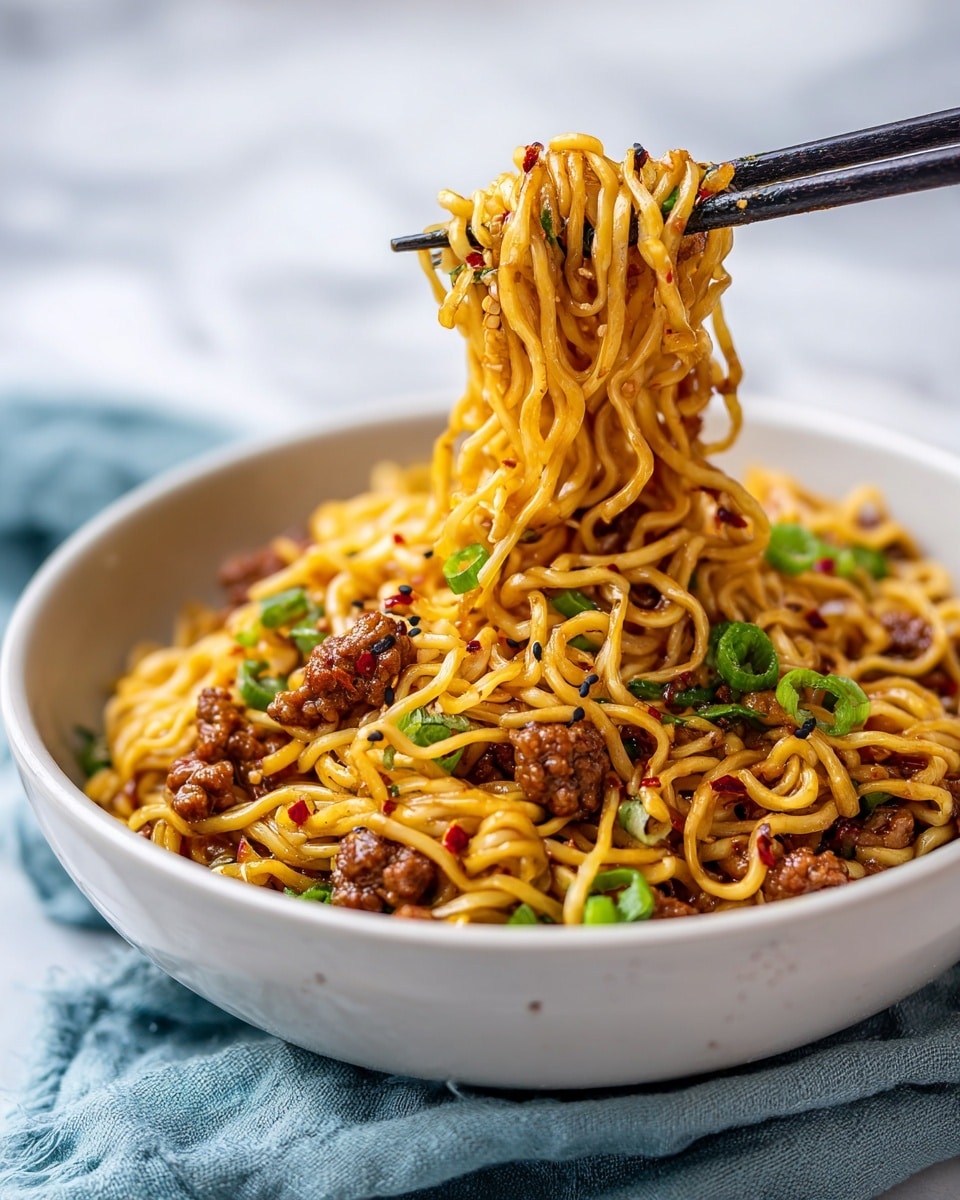 A close-up view of a white bowl filled with cooked noodles mixed with small pieces of browned meat and chopped green onions, all coated with a spicy sauce that has visible red chili flakes and black sesame seeds. A pair of black chopsticks lifts a tangled bunch of noodles with meat and spices, showing the dish's glossy texture. The bowl is placed on a rough surface with a light blue cloth nearby, and the background has a soft, out-of-focus white marbled texture. Photo taken with an iphone --ar 4:5 --v 7