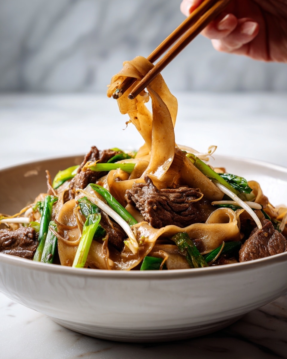 A round white bowl filled with three layers of wide, light brown flat noodles layered with dark brown cooked beef strips and scattered light green pieces of cooked spring onions on top, plus thin white bean sprouts spread evenly; a pair of light wooden chopsticks rests on the right edge of the bowl, all set on a white marbled surface with a light blue cloth napkin beside it, and part of a pan with the same dish shown in the top right corner; photo taken with an iphone --ar 4:5 --v 7