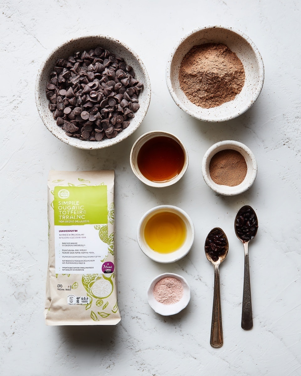 The image shows a recipe layout on a white marbled surface. At the top, there is a white speckled bowl filled with dark brown vegan chocolate chips, and beside it to the right, a smaller white speckled bowl with fine light brown cocoa powder. Below them, in the center, is a rectangular package of Simple Truth Organic silken tofu with green, purple, and white labeling. Under the tofu, there are two small round bowls: the left one has dark amber maple syrup, and the right one contains golden-colored vanilla extract in a white speckled bowl. Below these, two measuring spoons hold pink salt and dark espresso powder, placed side by side. The arrangement is neat and photographed from above. photo taken with an iphone --ar 4:5 --v 7