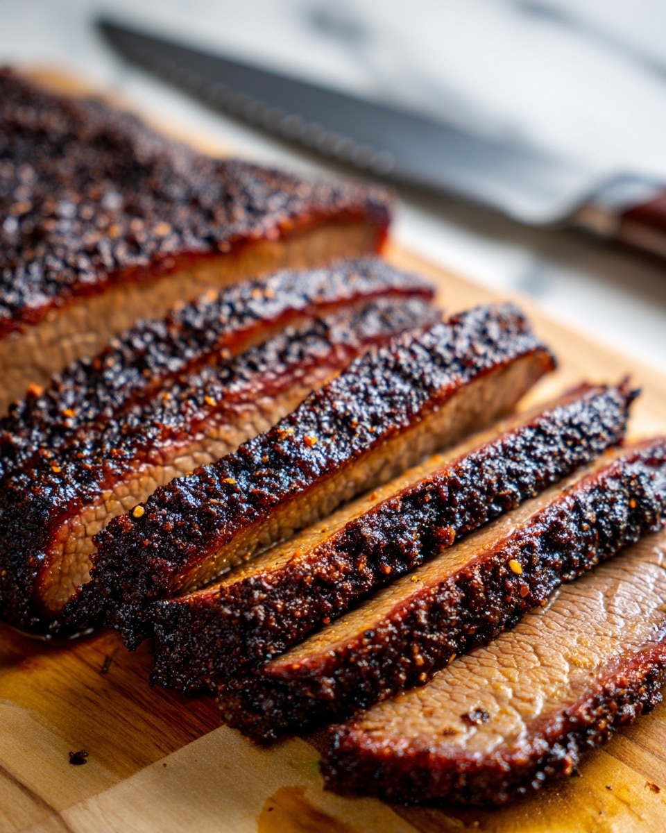 A close-up image of a thick piece of cooked meat with a dark brown, crispy-looking crust that shows a mix of rough and slightly crumbly texture. The meat rests on a light wooden board, with shiny silver tongs placed close by on a white marbled surface behind it. The crust appears well-seasoned with small bits of pepper and spices visible all over. Photo taken with an iphone --ar 4:5 --v 7
