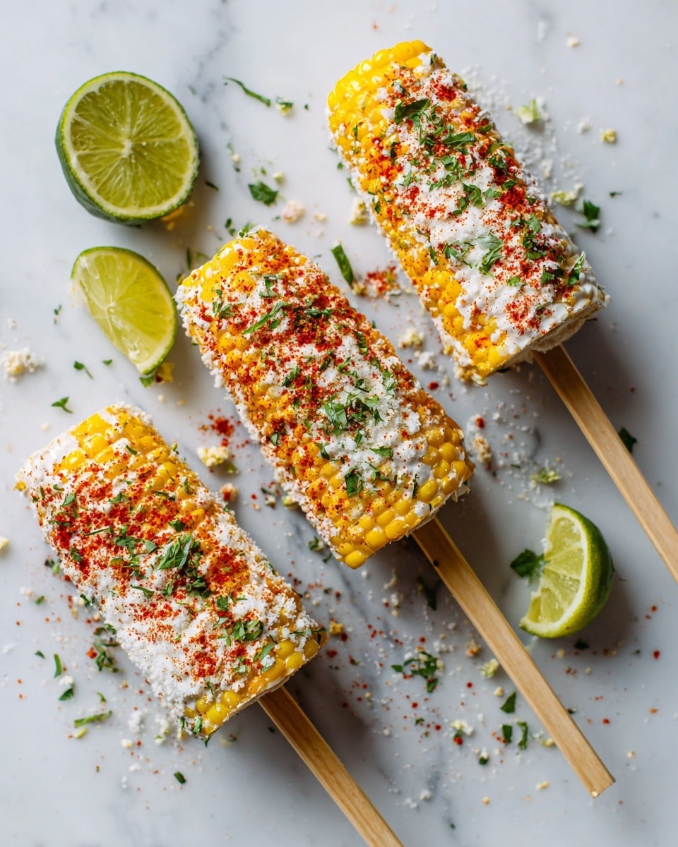 A close-up of several corn on the cobs on wooden sticks laid on a tray, coated thickly with a rough textured white layer of cheese, sprinkled generously with bright red chili powder and finely chopped fresh green herbs, with lime wedges placed near the tray edges; a woman's hand holds one corn on a stick above the tray against a white marbled background, showing the detailed texture and seasoning. photo taken with an iphone --ar 4:5 --v 7