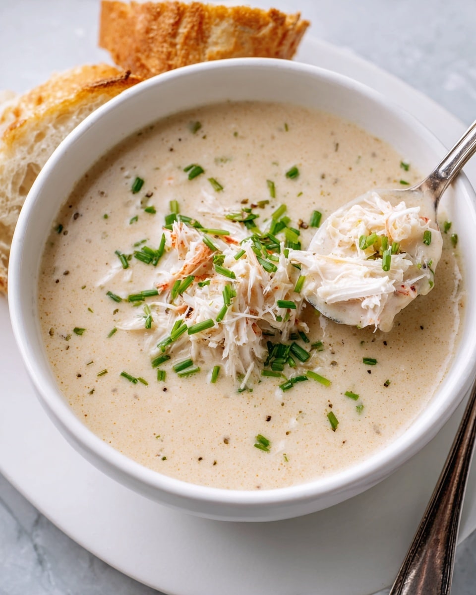 A white bowl filled with thick creamy soup that is light beige with small specks of seasoning. The soup has visible chunks of shredded white crab meat on top along with finely chopped bright green chives scattered over it. A spoon holding a scoop of the soup with crab meat is partially inside the bowl on the lower right side. There are pieces of light brown crusty bread behind the bowl on a white marbled surface. Photo taken with an iphone --ar 4:5 --v 7