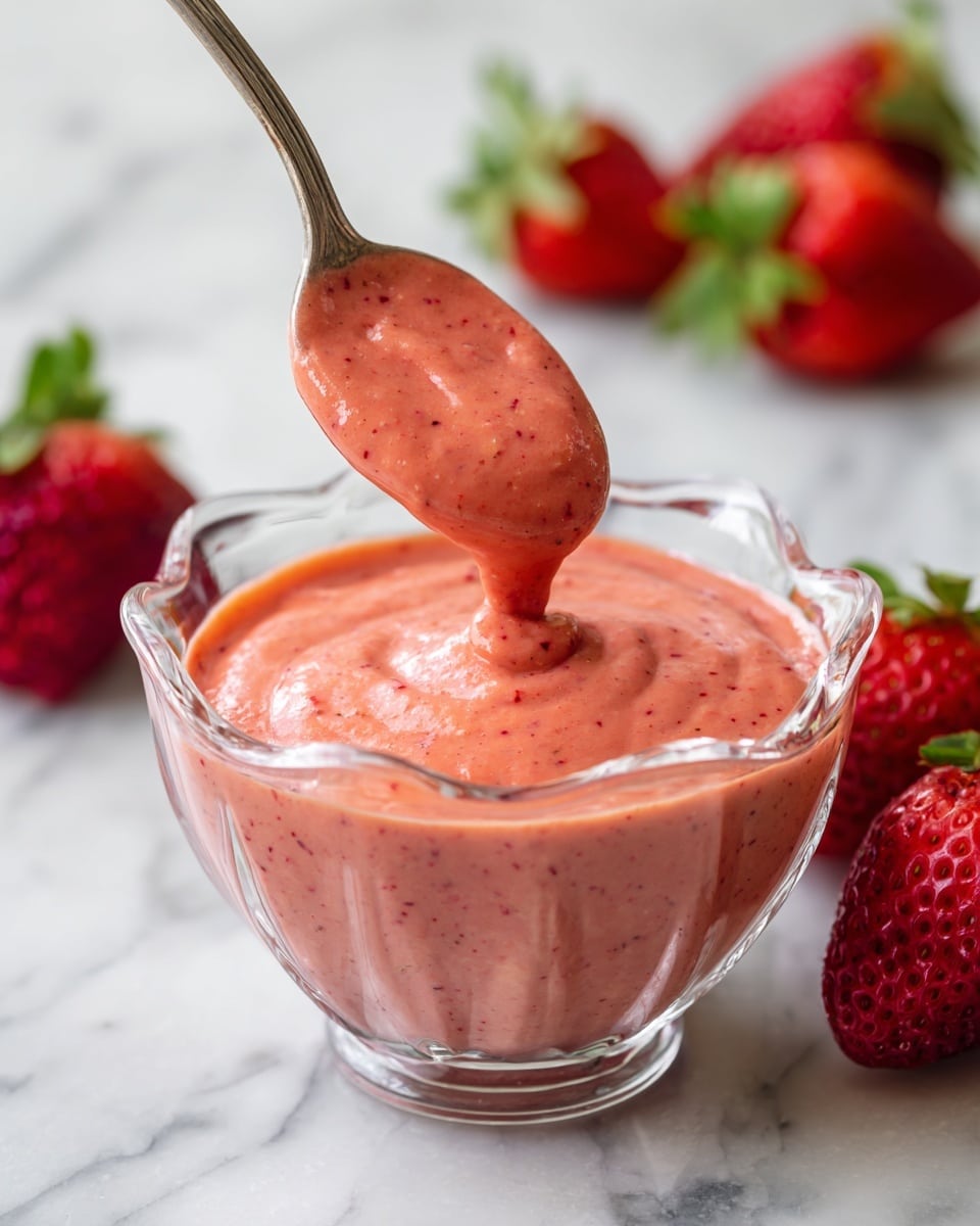 A clear glass bowl with wavy edges sits on a white marbled surface, filled with a smooth, thick, pinkish-red sauce speckled with small black seeds. A silver spoon lifts some of the sauce above the bowl, showing its creamy texture with tiny dark flecks. Around the bowl, fresh red strawberries with green leaves are scattered on the surface. Photo taken with an iphone --ar 4:5 --v 7