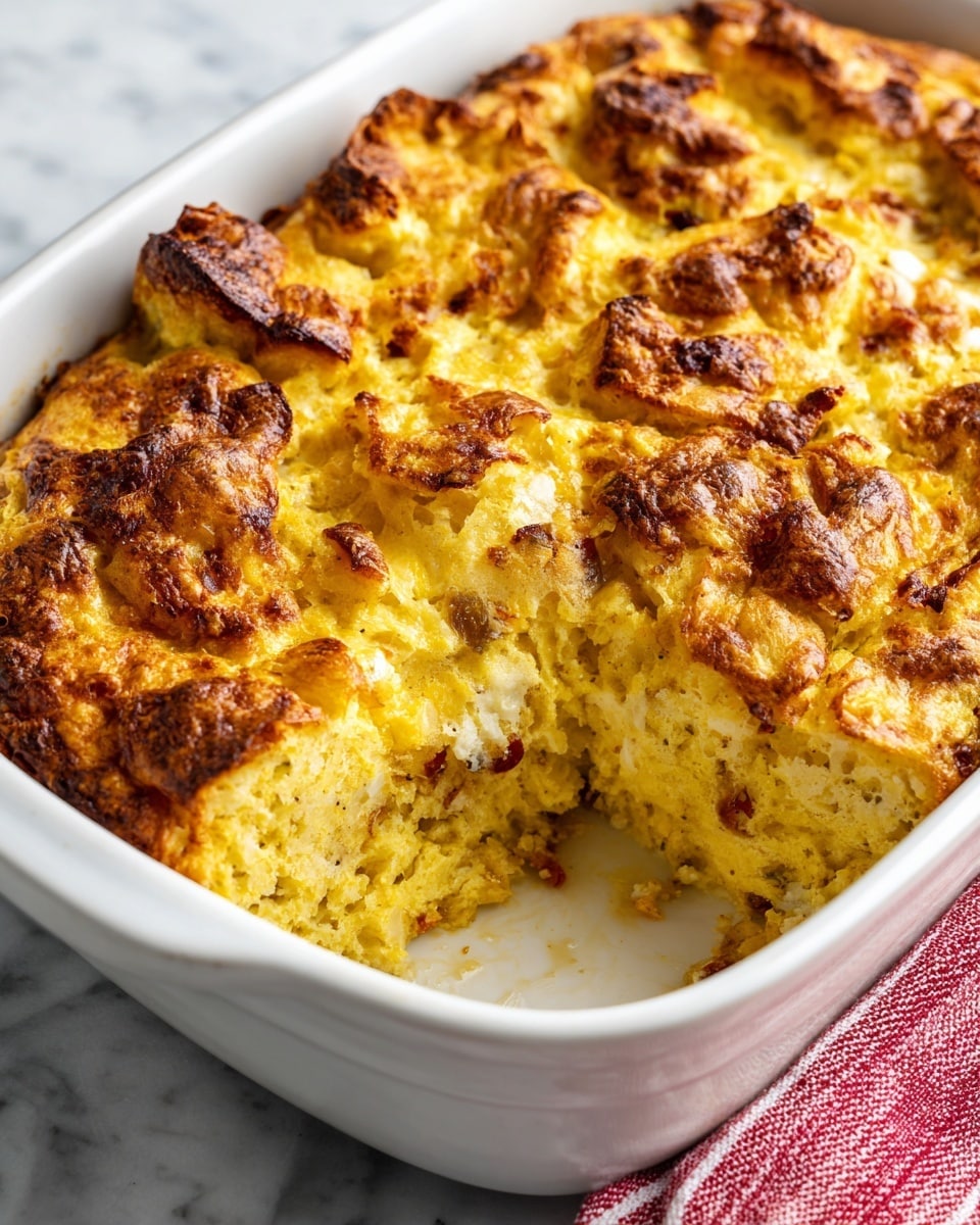This image shows a white baking dish filled with a golden-brown baked casserole. The top layer is puffy, uneven, and crispy with a slightly darker brown crust around the edges. Underneath, a soft and moist yellow filling is visible, with small pieces of red and white ingredients mixed inside. The dish sits on a white marbled surface with a red-striped towel partly visible on the side. Photo taken with an iphone --ar 4:5 --v 7