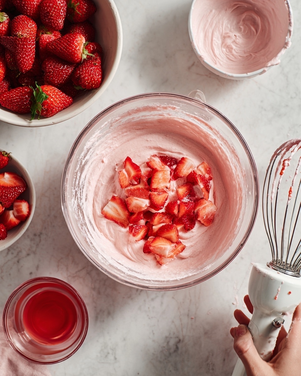 A clear glass bowl filled with smooth, light pink batter, with fresh red strawberry pieces mixed on top, sits in the center of a white marbled surface. Next to it, a white bowl holds more chopped red strawberries. A small clear glass bowl with red liquid and a metal whisk inside is placed nearby. To the right, a white metal mixer attachment with pink batter residue is resting on the white marbled surface. A woman's hand is holding the glass bowl handle. Photo taken with an iphone --ar 4:5 --v 7