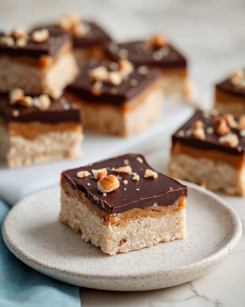 The image shows several square dessert bars on a white marbled surface, with one piece placed on a white speckled plate in the foreground. Each bar has two layers: the bottom layer is thick, light beige with a rough texture that looks like a crumbly mix, and the top layer is a smooth, dark chocolate coating. Small pieces of nuts are sprinkled on the chocolate top, adding a bit of texture and color contrast. The bars are cut neatly with sharp edges, and the background shows more pieces blurred softly. The overall look is clean and inviting. Photo taken with an iphone --ar 4:5 --v 7