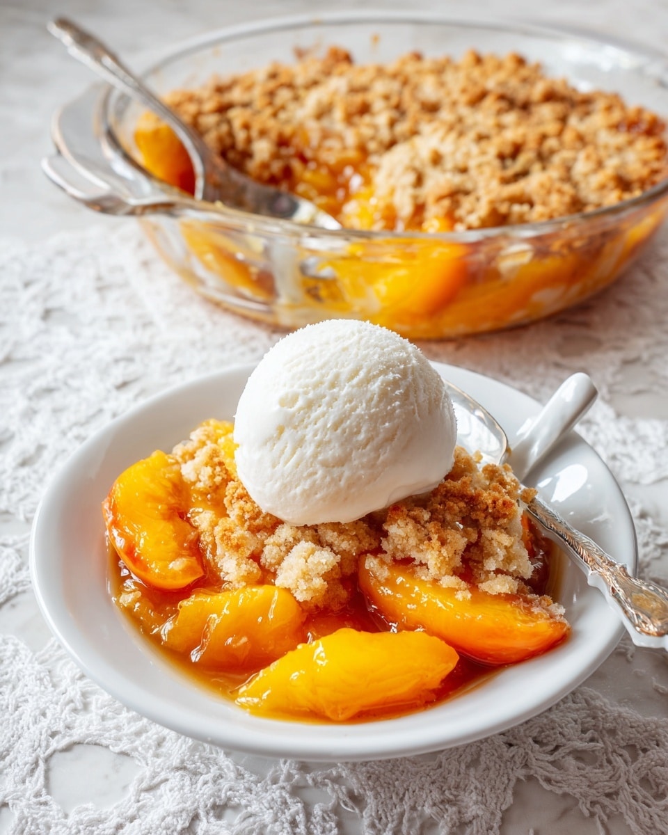 The image shows a peach cobbler dessert with three main layers: the bottom layer is filled with bright orange peach slices in syrup, the middle layer is a golden-brown, soft and crumbly biscuit topping that covers most of the peaches, and the top layer is a smooth, round scoop of white vanilla ice cream placed in the center on top of the cobbler in a white cup with a handle. Behind it, a glass dish filled with more of the same peach cobbler is partially visible. The setup rests on a white marbled lace tablecloth. photo taken with an iphone --ar 4:5 --v 7