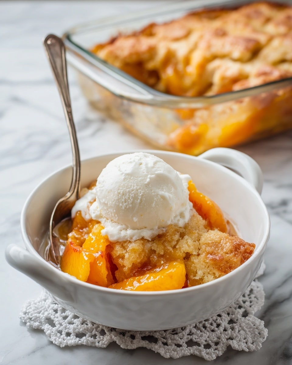 A white bowl with a handle holds a peach cobbler made of bright orange peach slices in syrup at the bottom, topped with a golden brown soft cake layer, and a scoop of creamy white vanilla ice cream sitting on top, while behind it a glass baking dish filled with the same peach cobbler shows a thick orange peach filling with soft golden cake covering part of it, all set on a white marbled surface with a white lace cloth underneath, photo taken with an iphone --ar 4:5 --v 7