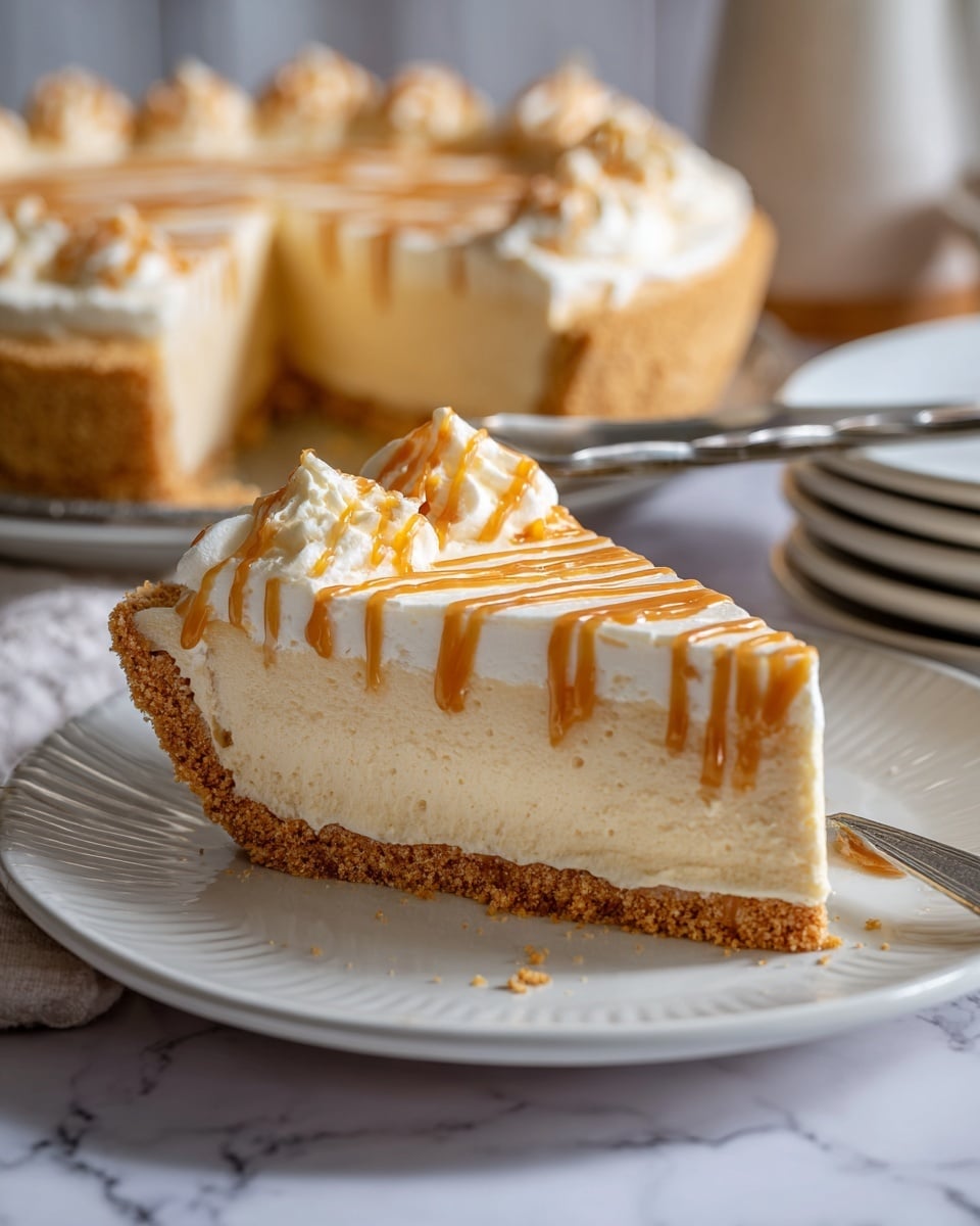 The image shows a slice of creamy light tan layered pie with a crumbly light brown crust at the bottom on a white plate with a white marbled surface underneath. The pie slice has a thick middle layer with a smooth, airy texture, topped with a white fluffy layer drizzled with thin caramel-colored lines. In the background, there is a larger pie with the same layers and topping, alongside a stack of white plates with a metal serving utensil holding another slice of the pie. Photo taken with an iphone --ar 4:5 --v 7