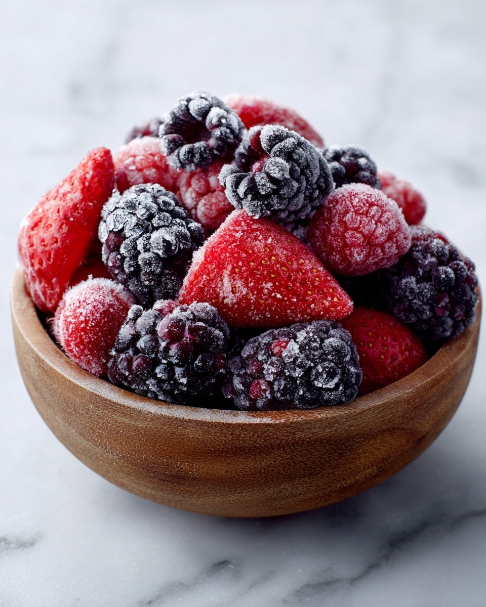 A wooden bowl filled with a heaping pile of frozen berries, including dark purple blackberries and bright red strawberries, all covered lightly with frost crystals that give a textured, icy look. The berries sit on top of each other in a natural, uneven stack, showing detailed fruit surfaces with tiny seeds and icy coating. The background is a smooth white marbled texture with soft lighting that highlights the frost and colors of the berries, photo taken with an iphone --ar 4:5 --v 7