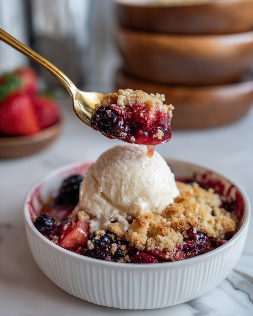 A white rectangular baking dish filled with a fruit crumble that has two main layers: the bottom layer is a bright red, juicy berry filling visible at the edges, and the top layer is a crumbly, golden beige topping with uneven, chunky pieces scattered across the surface. The dish is placed on a wooden surface with some golden forks beside it. Stacked wooden bowls and a blurred white container are in the background. photo taken with an iphone --ar 4:5 --v 7