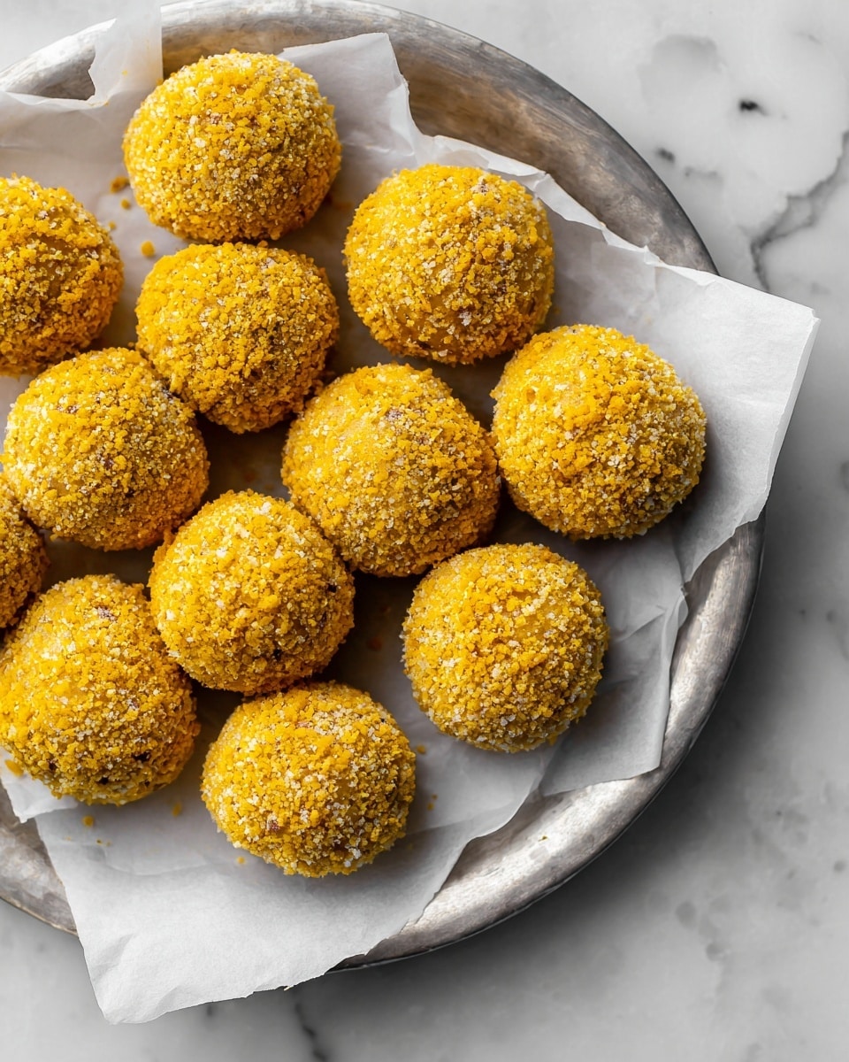 There are ten round balls covered with a rough yellow coating of crumbs, arranged in a silver tray lined with white paper. The balls are textured with uneven tiny crumb pieces, creating a grainy surface. The tray is placed on a table with a white marbled texture partly visible. The balls look soft but with a crumbly outer layer, evenly spaced but close to each other, filling most of the tray's area. Photo taken with an iphone --ar 4:5 --v 7