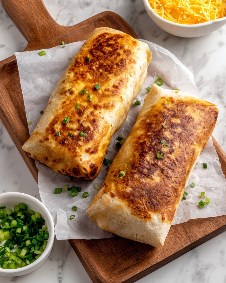 The image shows two large, tightly wrapped burritos with a golden brown, crispy outside layer. Each burrito is rectangular, with one burrito folded neatly and browned all over, while the other is slightly lighter with some toasted spots. They sit on white parchment paper placed on a wooden tray. Next to the tray, there is a small white bowl filled with finely chopped green onions, and in the corner, part of another white bowl with shredded yellow cheese is visible. The surface below has a white marbled texture. Photo taken with an iphone --ar 4:5 --v 7