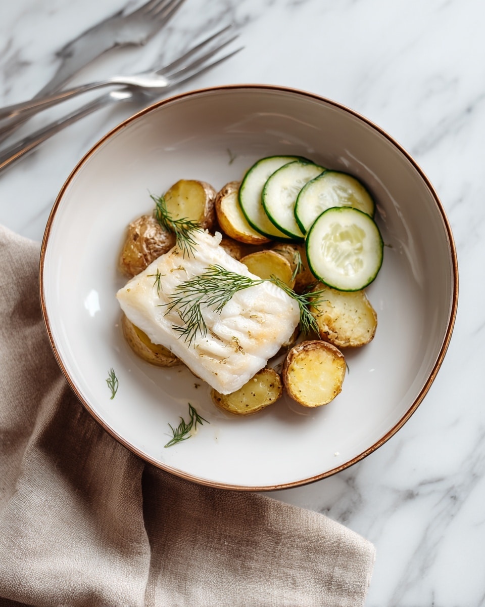 On a white bowl with a thin brown edge, there is one piece of light brown cooked fish with a white center, placed near the front right side. Behind the fish are some small golden brown roasted potatoes. To the back left of the fish, there are some light brown grilled pieces of meat. On the top right of the bowl, there is a small pile of thin, white cucumber slices with green edges and a few green dill leaves scattered on top and around the bowl. The bowl is placed on a white marbled surface with a silver fork visible in the upper left corner and a beige cloth napkin partially visible at the bottom left corner. Photo taken with an iphone --ar 4:5 --v 7