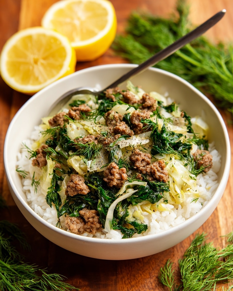 A black round pan filled with a mix of cooked ground meat and chopped yellowish-green cabbage, with small pieces of green herbs sprinkled throughout. The cabbage appears soft and lightly translucent, layered evenly with crumbly, brown ground meat. There is a wooden spoon partially visible on the right side stirring the mixture. The background is a white marbled texture. Photo taken with an iphone --ar 4:5 --v 7
