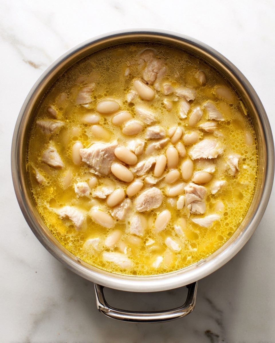 A top view of a large silver pot filled with a stew that has two main layers. The bottom layer is a light yellow broth with small oil droplets creating a shiny texture. Floating on top are white beans and medium pieces of white chicken meat, scattered evenly around the pot. The stew looks warm and lightly thick. The pot is on a white marbled surface. photo taken with an iphone --ar 4:5 --v 7