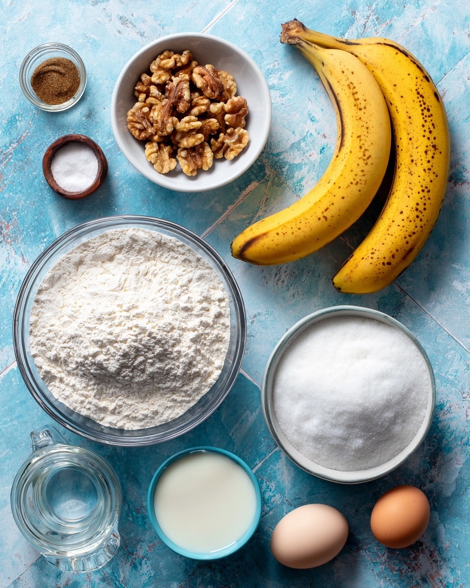 Two ripe yellow bananas with dark spots lie on a white marbled surface next to a small white bowl of walnuts, a small white bowl of salt, a small glass container with baking soda, a small white jar with a brown liquid, a small glass jar of milk, a small blue bowl with two raw eggs, a large clear glass bowl full of white flour with a metal measuring cup inside, a large clear glass bowl filled with white sugar, and a clear glass measuring cup with a transparent liquid. All items are arranged neatly on a blue patterned tile background. Photo taken with an iphone --ar 4:5 --v 7