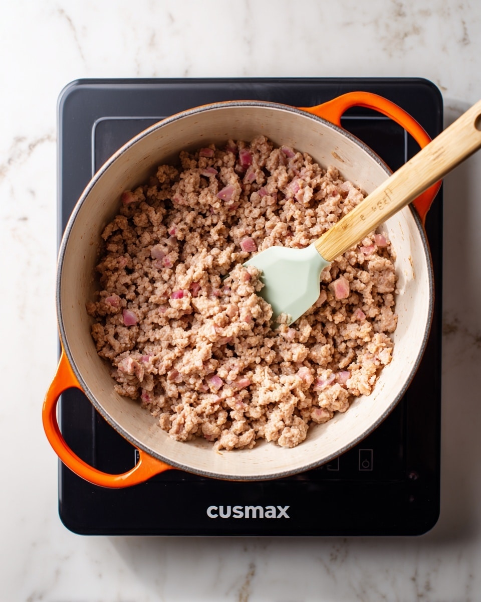 A white round pot with orange handles is shown from above, filled with one layer of cooked ground meat that is light to dark brown with some pink patches visible, slightly moist with juices. Inside the pot is a light green silicone spatula stirring the meat. The pot is sitting on a black induction stove with white text “cusimax” on the bottom right, all placed on a white marbled textured surface. photo taken with an iphone --ar 4:5 --v 7