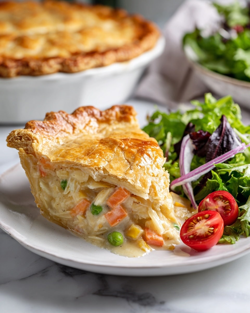 A white plate shows a slice of pie with a golden, flaky top crust that is slightly cracked, revealing a creamy filling with light beige sauce mixed with chunks of light orange carrots, peas, and white pieces. Next to the pie slice is a fresh side salad with a mix of green and dark purple leafy lettuce, bright red cherry tomato halves, and thin, purple rings of onion, all resting on a white marbled surface. In the background, there is a whole pie with the same golden crust in a white dish. Photo taken with an iphone --ar 4:5 --v 7