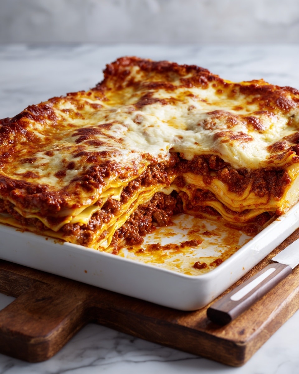The image shows a white baking dish filled with a thick lasagna, with one square piece removed and placed back at the edge, revealing five layers inside. The layers include golden yellow lasagna noodles alternating with thick, rich red meat sauce and melted white cheese, creating a textured look. The top layer is covered with sauce and melted cheese with a slightly browned, bubbly surface. The dish sits on a wooden board over a white marbled surface, with a knife resting next to the pan and some sauce splatters inside and on the edges of the dish. photo taken with an iphone --ar 4:5 --v 7
