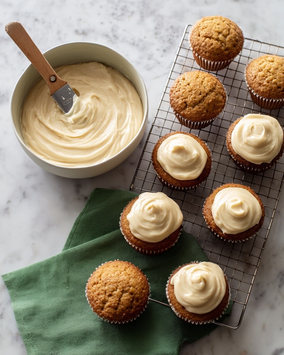 The image shows nine muffins on a metal cooling rack over a white marbled surface. Five muffins are frosted with smooth, light beige icing on top, showing a creamy texture, while the other four muffins remain plain with a golden brown, slightly bumpy surface. To the left, there is a white bowl filled with the same beige frosting, with a wooden-handled spatula resting inside it. A green cloth napkin is partially visible under the bowl and rack. Photo taken with an iphone --ar 4:5 --v 7
