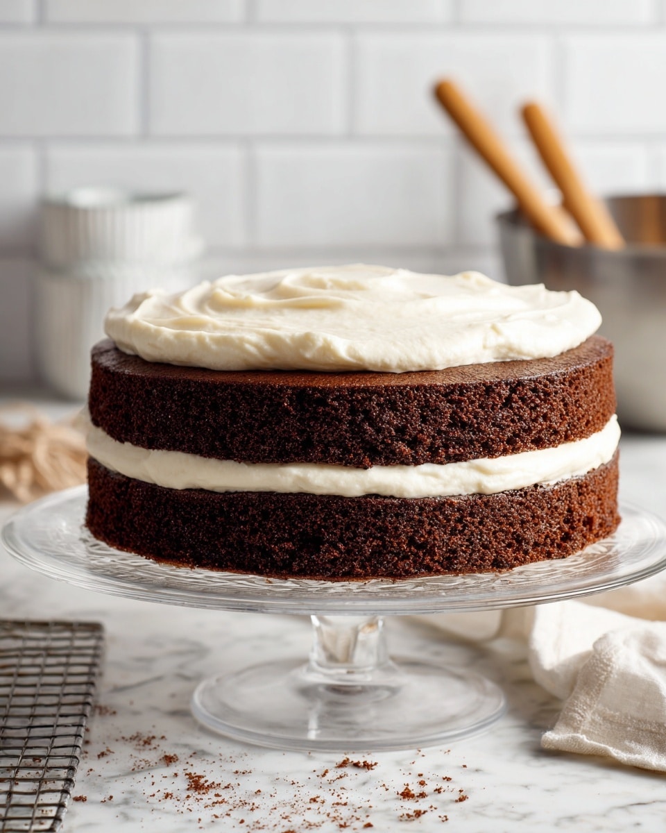 The image shows a two-layer chocolate cake on a clear glass cake stand. The bottom layer is dark brown and looks soft, topped with a thick, creamy white layer of frosting that slightly spreads out between the layers. The top layer is another dark brown chocolate cake layer, flat and smooth, sitting directly on the frosting. The background has white tiled walls and the surface is a white marbled texture with a cooling rack and a metal bowl with a wooden spoon visible nearby. Photo taken with an iphone --ar 4:5 --v 7
