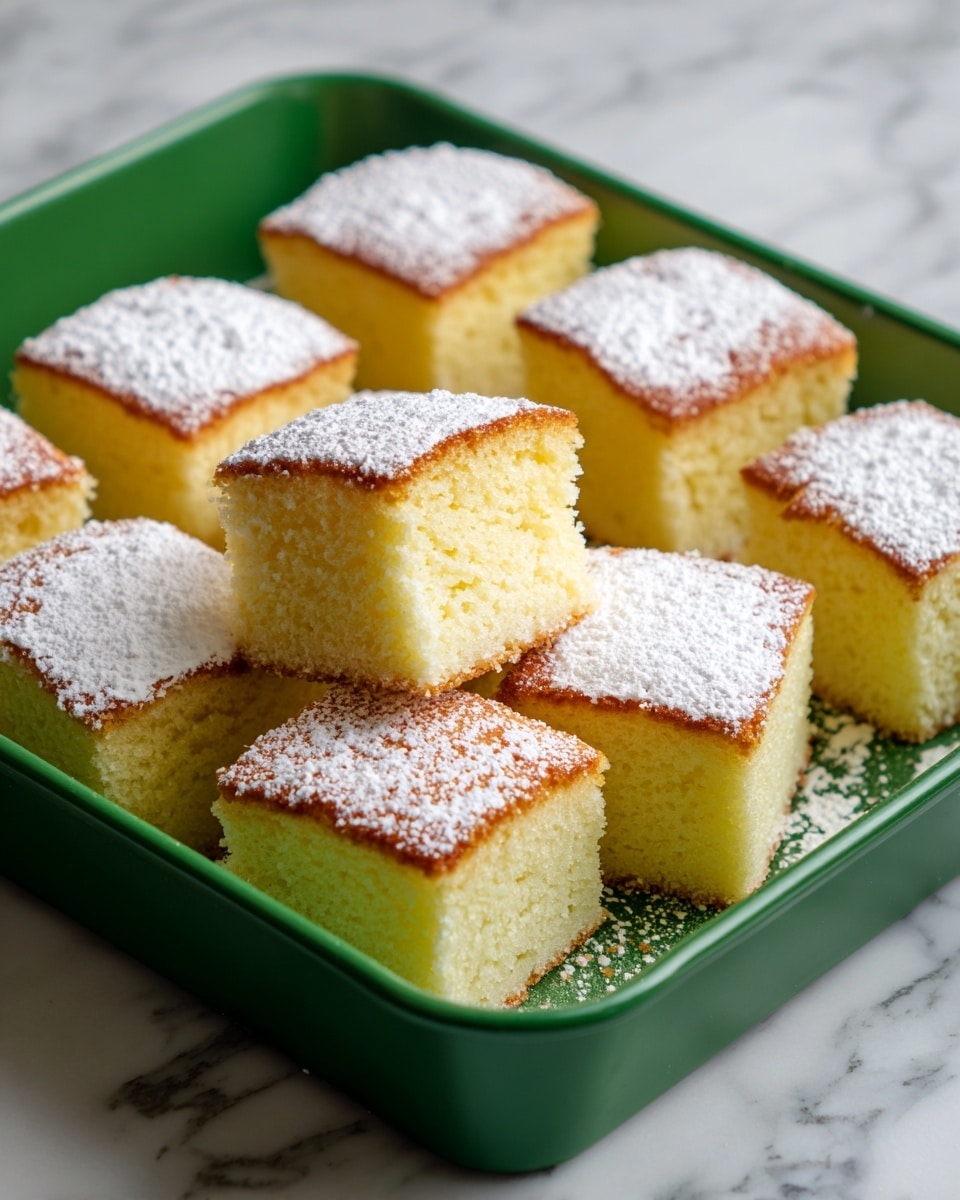 A single square piece of light yellow sponge cake with a soft texture sits on a white round plate. The top of the cake is slightly golden brown and dusted lightly with powdered sugar, adding a fine white layer. In the background, there is another white plate with the same cake and a fork resting on it, placed on a white marbled surface. A silver fork lies next to the foreground plate, enhancing the simple and clean presentation. photo taken with an iphone --ar 4:5 --v 7