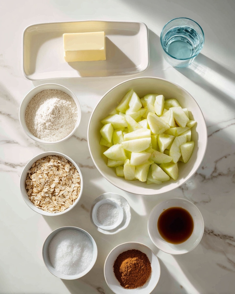 The image shows several bowls and a plate with cooking ingredients on a white marbled surface. In the top center, there is a white rectangular plate with a pale yellow block of butter. To the right, a large white bowl is full of peeled, chopped pale green apples with a slightly translucent look. On the left side, there is a small bowl with white flour and a white bowl filled with light brown sugar, both with a powdery texture. Below them is a white bowl of rolled oats that are beige and flat. A tiny pale blue bowl of white powder, likely baking powder or cornstarch, is near the oats. At the bottom right, a white saucer holds a dark brown cinnamon powder, next to it is another saucer with a dark golden liquid like vanilla. Nearby, a white bowl contains granulated white sugar, and a clear glass of water rests next to them. The light and shadows show a soft natural setting, photo taken with an iphone --ar 4:5 --v 7