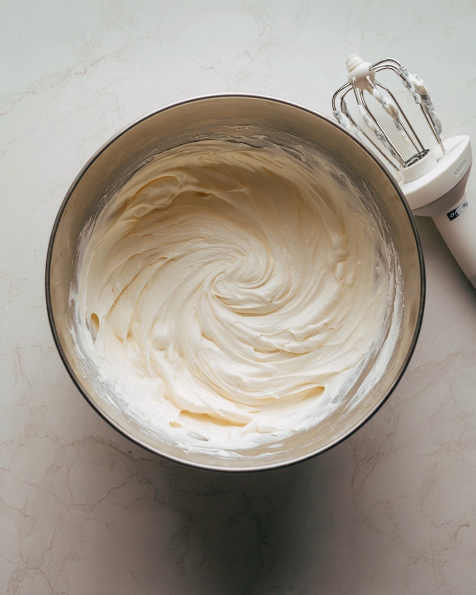 A large silver mixing bowl filled with thick, creamy white batter or frosting showing soft swirls and waves on the surface, with a white electric hand mixer resting on the side of the bowl, all placed on a white marbled surface. photo taken with an iphone --ar 4:5 --v 7
