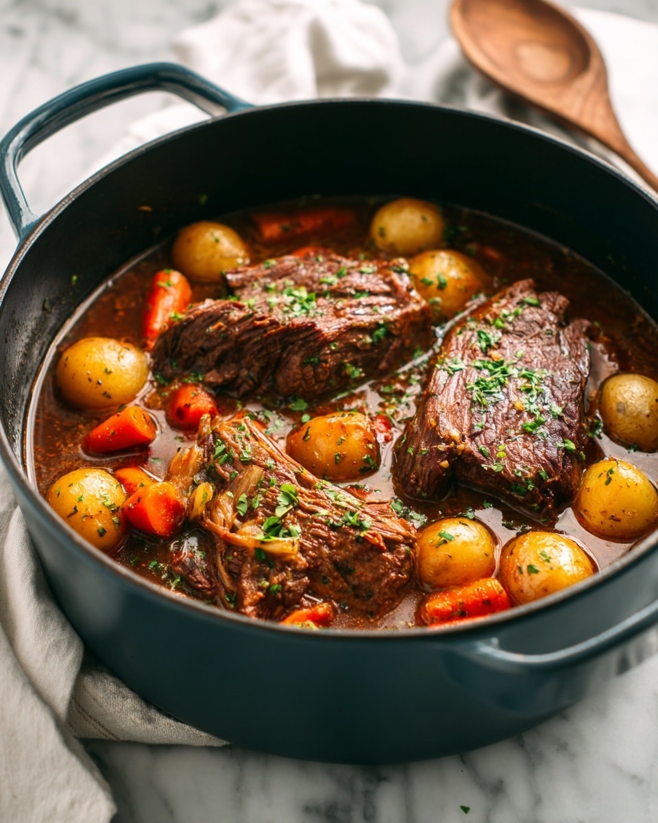 A dark blue pot filled with a rich brown stew that has two large pieces of browned meat sitting on top. Around the meat, there are whole small round potatoes, orange carrot chunks, and chunks of light orange and pale yellow vegetables, all covered in thick brown sauce. The pot is placed on a white marbled surface with a white cloth nearby and part of a wooden spoon visible on the side. The meat is sprinkled with small green herb bits, adding color contrast. Photo taken with an iphone --ar 4:5 --v 7