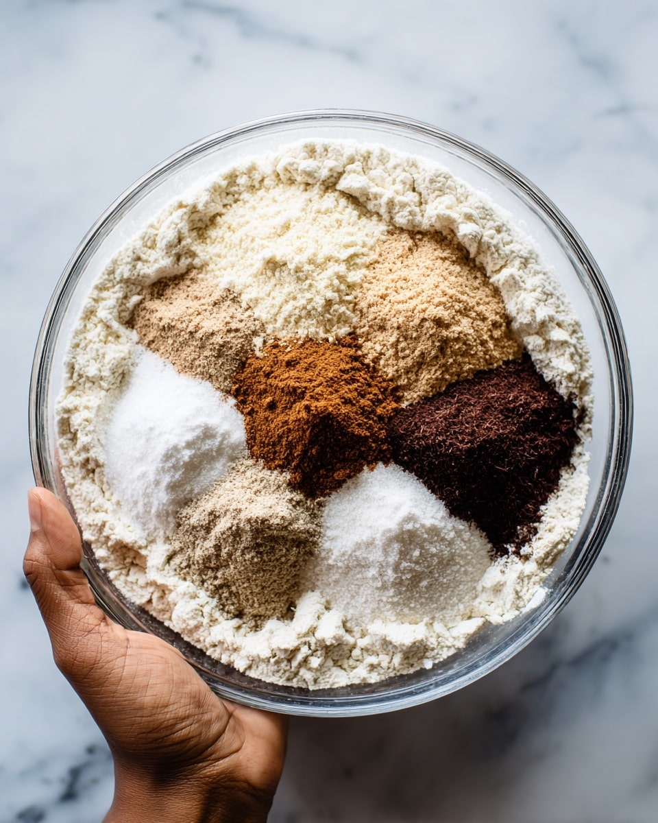 A clear glass bowl sits on a white marbled surface, filled mainly with a large layer of white flour. On top of the flour, there are smaller piles of light tan, medium brown, dark brown, and white powders arranged close to each other near the center. The woman's hand is visible at the bottom edge of the image, gently holding the bowl. photo taken with an iphone --ar 4:5 --v 7