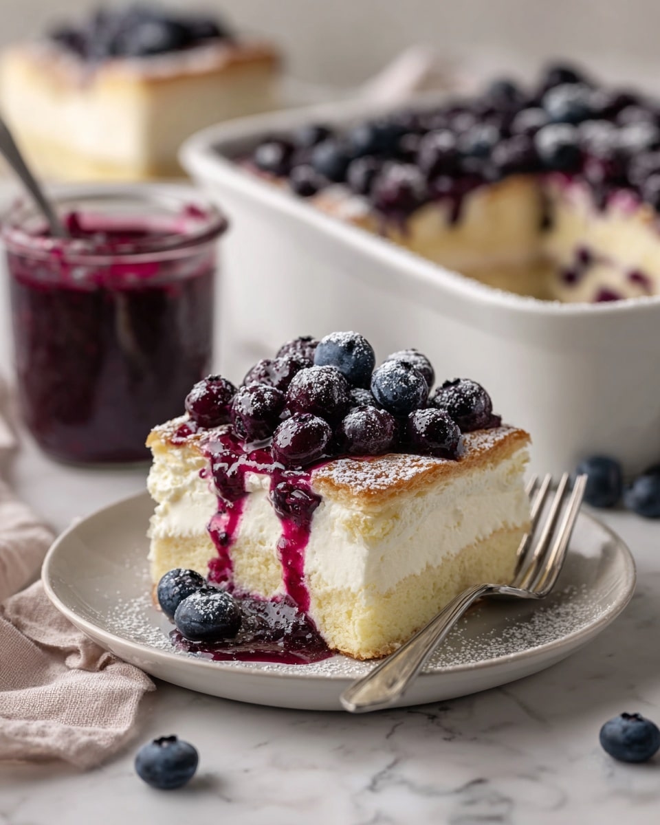 A close-up view of a baked blueberry dessert in a dark blue baking dish filled with golden yellow batter that has puffed up with some browned edges and scattered whole blueberries throughout. The surface has uneven, raised textures with the blueberries bursting and creating deep purple juice spots. Next to the baking dish is a white plate holding a slice of the dessert, showing layers of fruit and batter with glossy blueberry filling dripping slightly. Behind the dish is a clear glass bowl of thick blueberry sauce with a spoon inside. The setting is on a white marbled surface with a yellow-striped cloth partially visible. Photo taken with an iphone --ar 4:5 --v 7