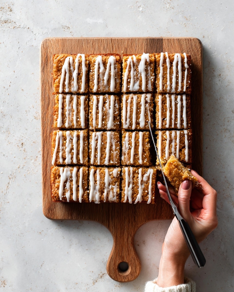 A golden brown baked square treat is shown on a wooden cutting board over a white marbled surface. The treat is cut into 16 equal rectangular pieces, arranged in a 4 by 4 grid. It has a light drizzle of white icing in diagonal lines across the top, adding a textured look. A woman's hand from the right side is holding a knife, slicing through the last row of pieces with the other woman's hand steadying the board. The wooden cutting board has a smooth finish and a handle at the bottom. photo taken with an iphone --ar 4:5 --v 7