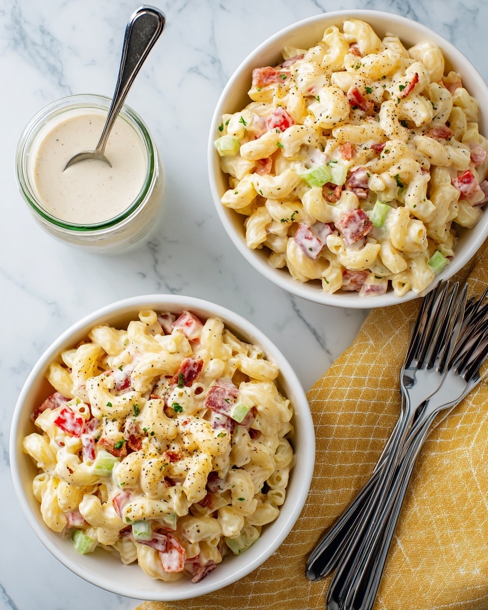 Two white bowls filled with creamy macaroni salad made of pale yellow macaroni pasta, small bits of red tomato, green celery, and pieces of cooked bacon. The salad is lightly sprinkled with black pepper. Between the bowls is a glass jar with white dressing and a spoon inside. Next to the right bowl, three silver forks rest on a folded yellow cloth with a checkered pattern. All items are placed on a white marbled surface. Photo taken with an iphone --ar 4:5 --v 7